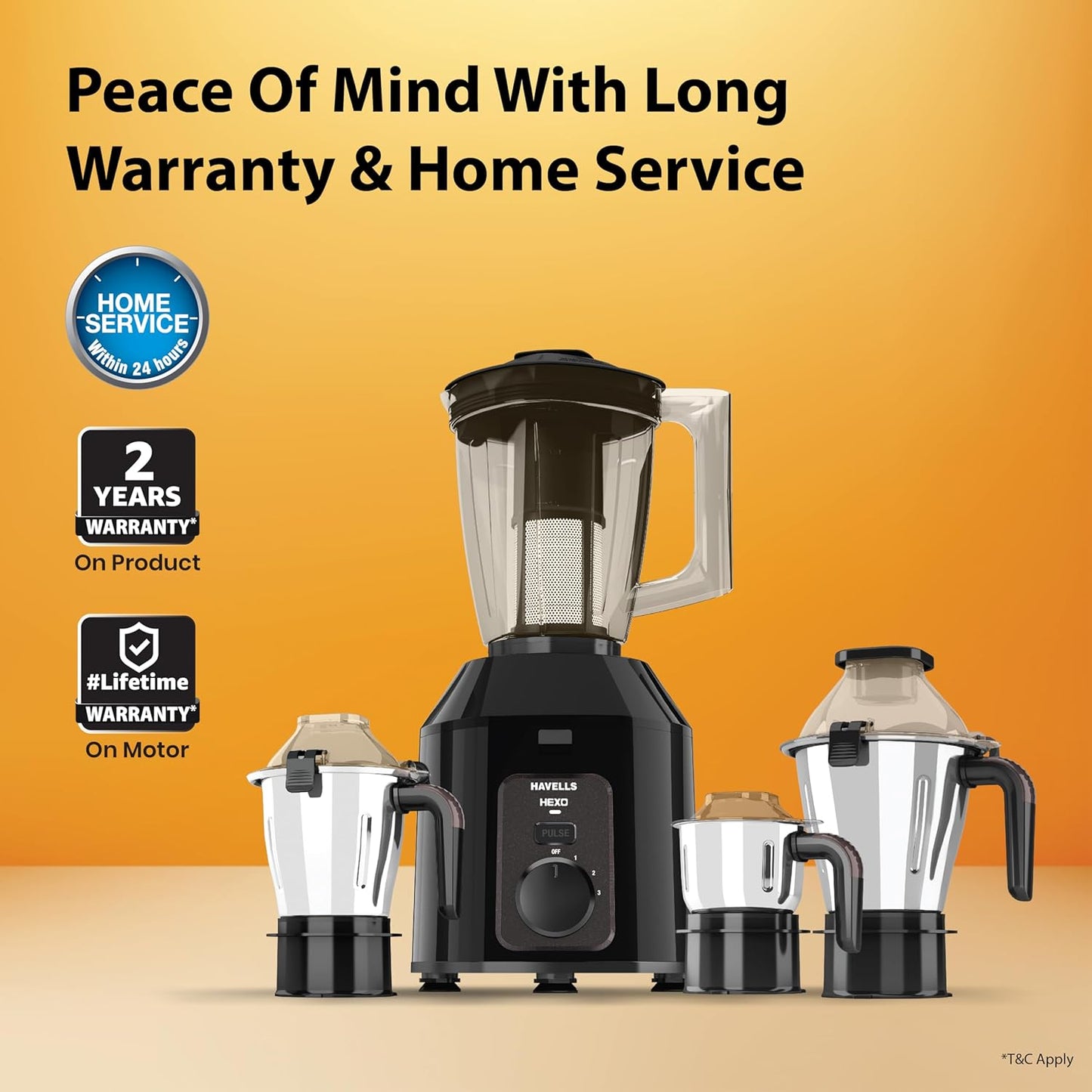 Havells Hexo Plus 1100 Watts 4 Jar Mixer Grinder| High Speed Mixie 22000 RPM motor| 100 Minutes Continuous Run Time| 2 Ltr Break Resistant Blending Jar| 5 Year Motor Manufacturer Warranty   (ASL)
