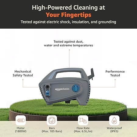Amazon Basics Pressure Washer 1800W, 105 Bar, 6.5 L/min Flow, 5m Power Cord, 10m Hose, Copper Winding Motor, Auto Stop | Includes 8 Accessories | Ideal for Car, Bike, Home and Outdoor Cleaning (RD)