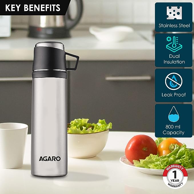 AGARO Supreme Vacuum Flask 800ml Steel Finish