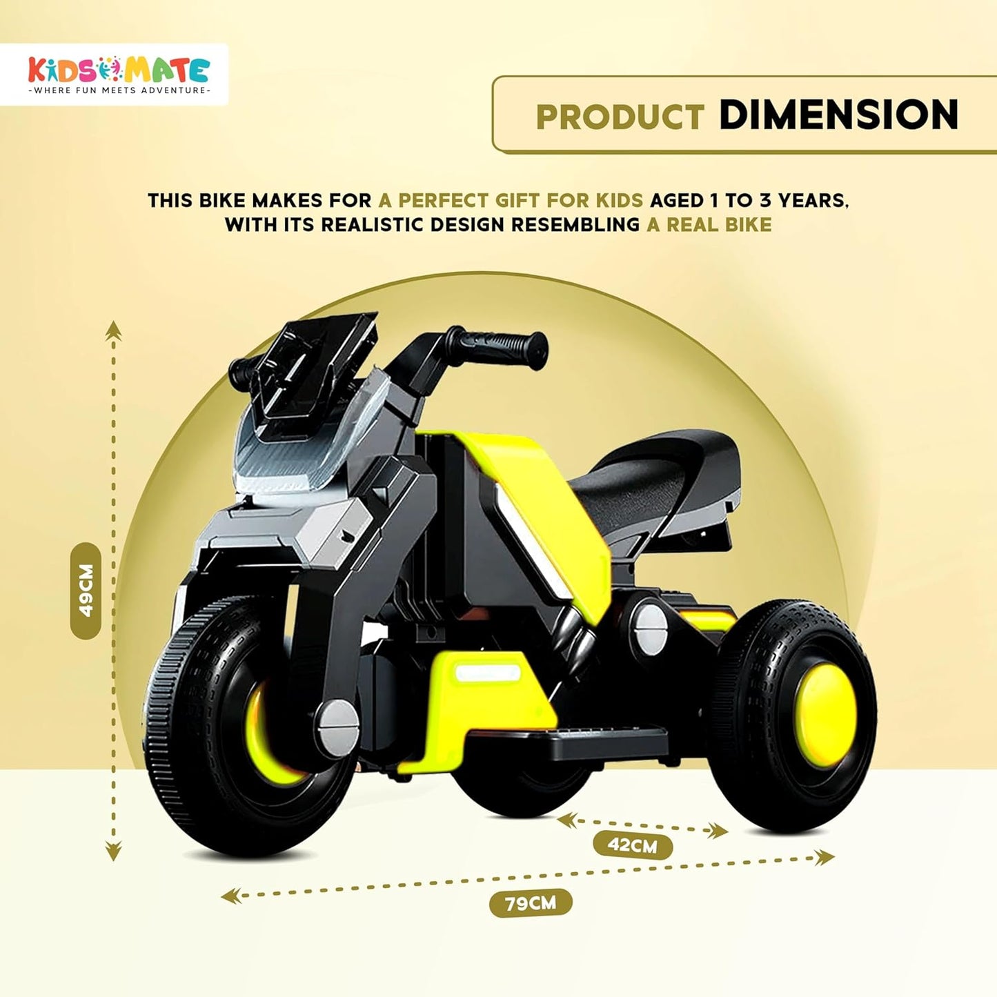 Kidsmate Hyrider 6V Electric Kids Bike with Rechargeable 6.5 Ah Battery Inbuilt Imported Motor Drive | Music Player, Front LED Light & Foot Accelerator Pedal Bike for Ages 1-4 Years (ASL)