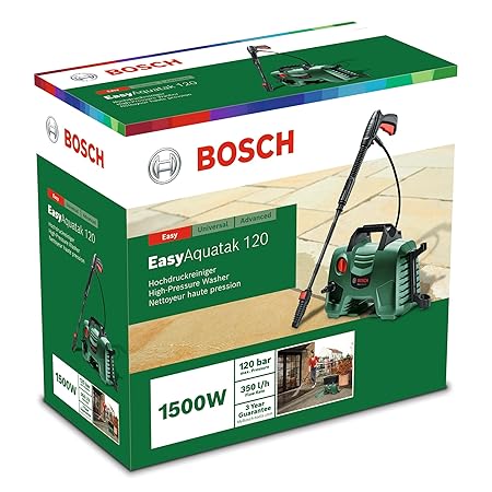 BOSCH Easy Aquatak 120 High Pressure Washer |1500-wt Motor | Max Pressure 120 Bar | Variable fan jet nozzle | Bosch Gun & Lance, Self-priming | Removing Heavy Dirt from Small Cars & Driveways | 4.7 Kg (RD)