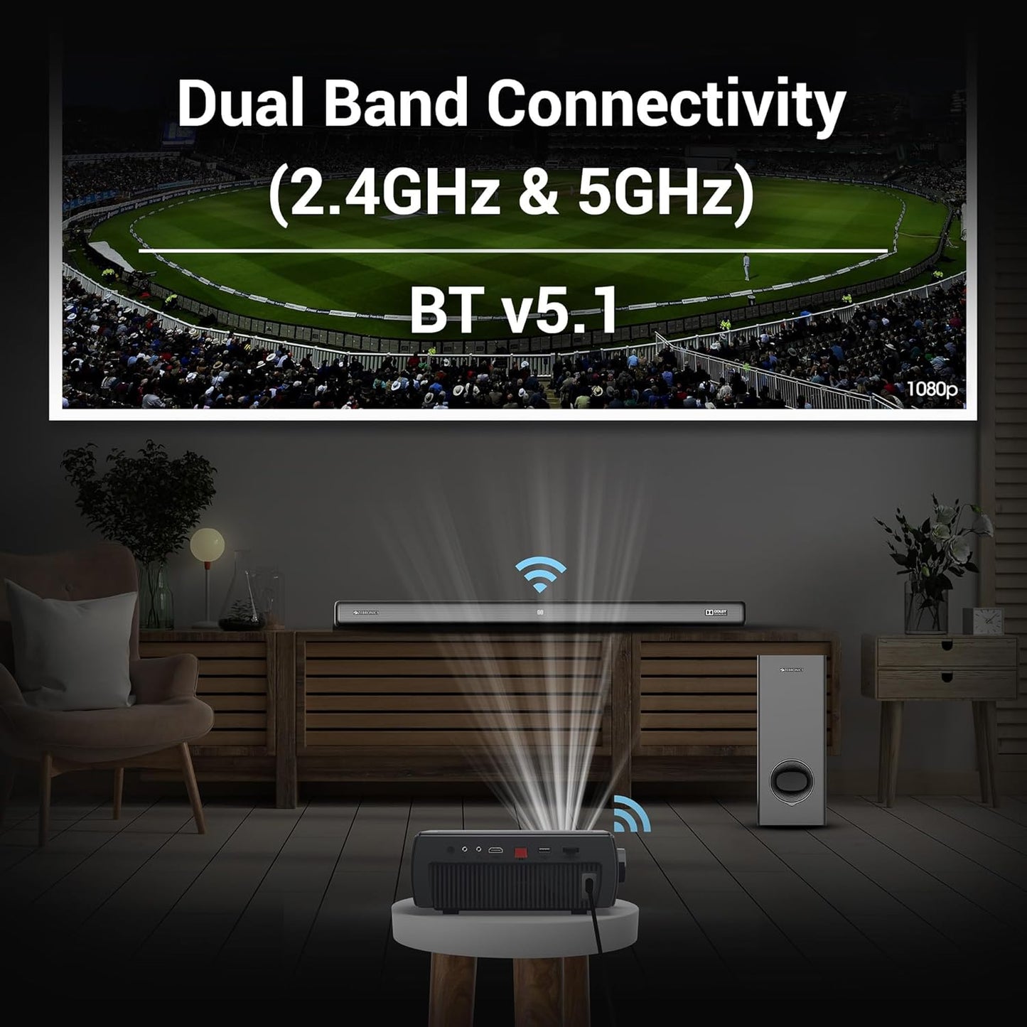 ZEBRONICS PIXAPLAY 15 Smart LED Projector with Dolby Audio, 5500 lumens, 4K Support, 180 Inch Screen Size, Supports Miracast, Bluetooth, USB, HDMI, WiFi, APP Support, 1080p Native