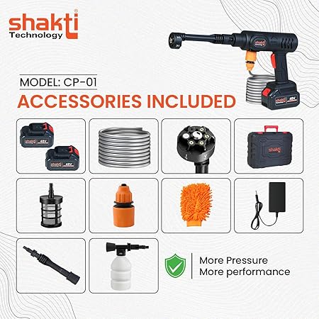 Shakti Technology CP_01 Wireless Car Washer High Pressure Gun Cordless Portable 48V - 12000mAh High Pressure Water Gun for Car & Bike Wash, Adjustable Nozzle, 5M Hose Pipe, Double Battery Included (RD)
