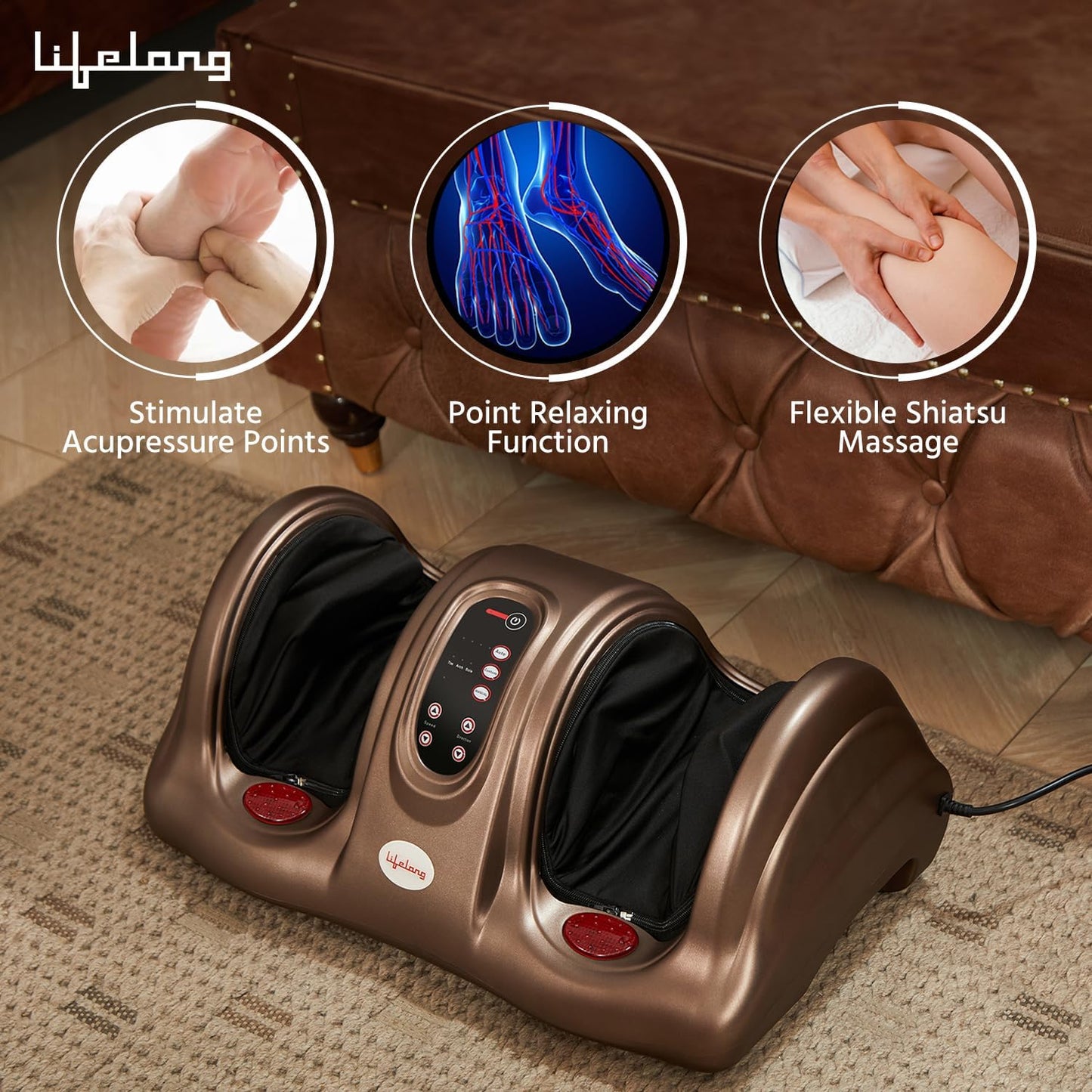 Lifelong Foot Massager Machine For Pain Relief With Heat & Kneading Function - Also Used As Leg Calf Massager - Corded Electric Foot Massage Machine For Home With Customizable Settings (LLM81), Brown