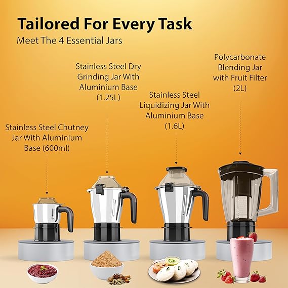 Havells Hexo Plus 1100 Watts 4 Jar Mixer Grinder| High Speed Mixie 22000 RPM motor| 100 Minutes Continuous Run Time| 2 Ltr Break Resistant Blending Jar| 5 Year Motor Manufacturer Warranty   (ASL)