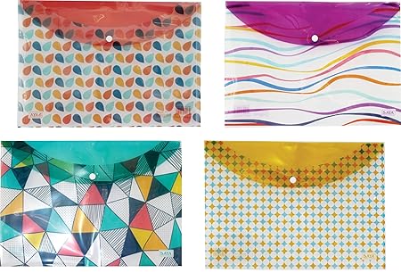 SAYA Clear Bag Different Flap Shapes SY239 | FS Size Transparent Document Folder | Assorted Designer Flap Closure File Bag | Waterproof Plastic Document Organizer | Pack of 4