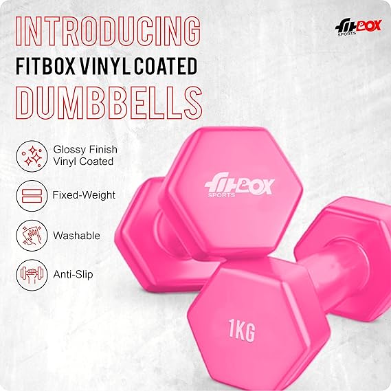FitBox Sports Premium 2kg (1kg x 2) Vinyl Coated Cast Iron Dumbbells for Exercise & Fitness | Strength Training for Home Gym - Panther Pink (ASL)