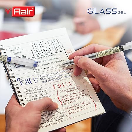 FLAIR Glass Gel Pen | Tip Size 0.6 mm | Elegant Looks | Soft Rubber Grip | WaterProof Ink | Smudge Free Writing | Ideal for School, College & Office | Blue, Black & Red Ink, Tumbler Set Of 100 Pens