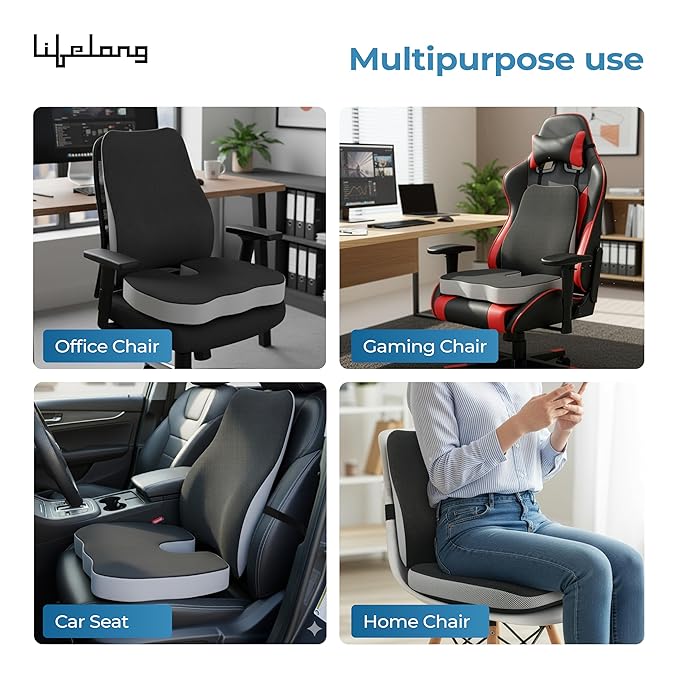 Lifelong Backrest & Seat Cushion Combo for Pain Relief | High-Density Orthopedic Memory Foam Support for Back, Coccyx & Sciatica | Improves Posture & Comfort During Long Sitting Hours at Home & Work