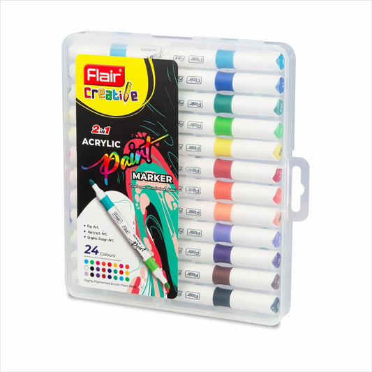 FLAIR Creative 2 in 1 Acrylic Paint Bold Marker | 24 Colours Set | Ideal for Rocks, Ceramics, Canvas, Glass and Wood , Multicolor