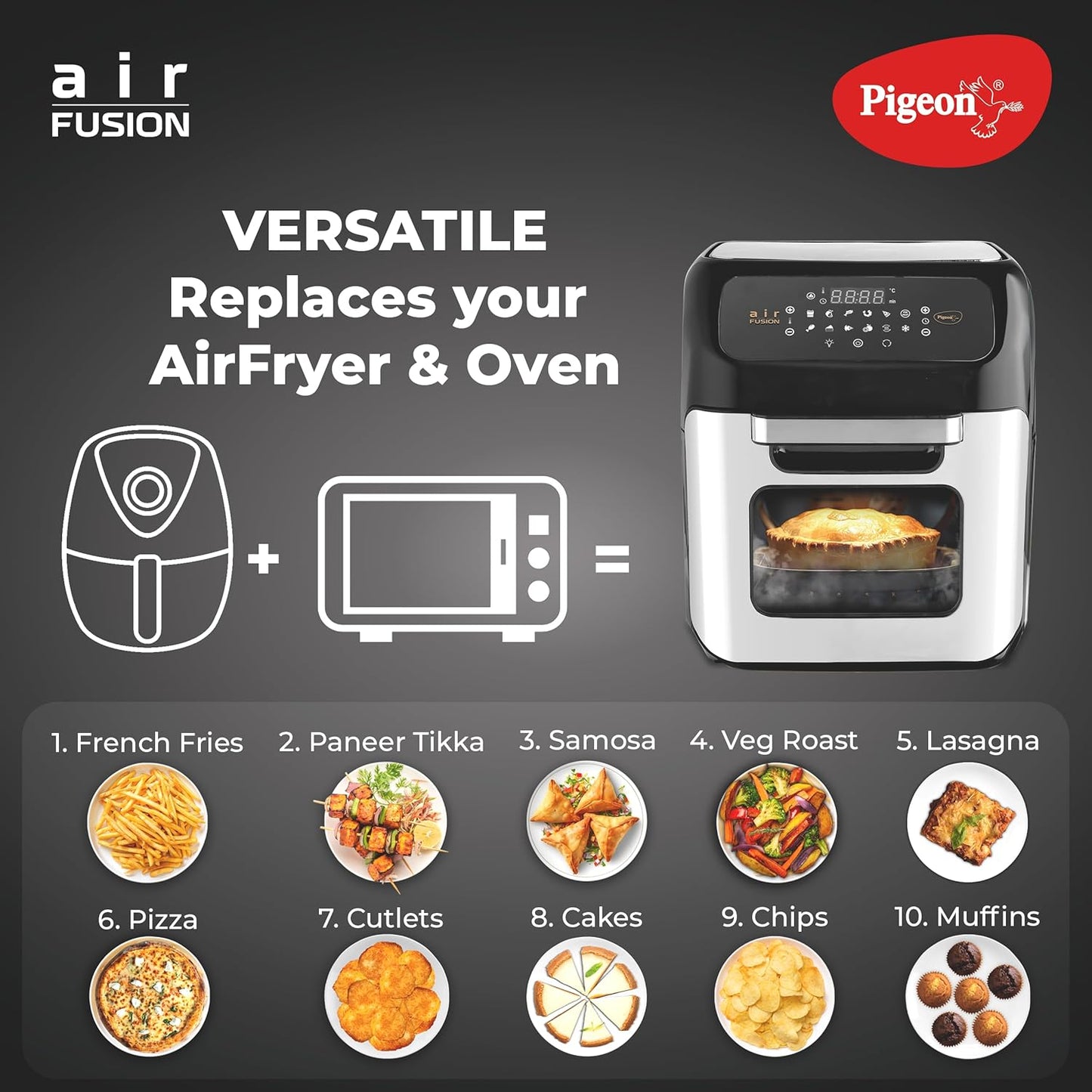 Pigeon 12L Air Fryer Oven (2-in-1 OTG + Air Fryer) | 1800W | Digital Touchscreen | 9 Preset Menus | Rotisserie | 7 Accessories Included | Air Fry, Bake, Broil, Toast, Defrost | 2Y Warranty | Black