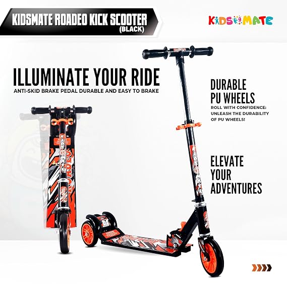 Kidsmate Roadeo Metal Kick Scooter for Kids | Adjustable Height Scooter | Foldable & Attractive PVC Wheels with Rare Brakes for Kids of Age 3+ Years (ASL)