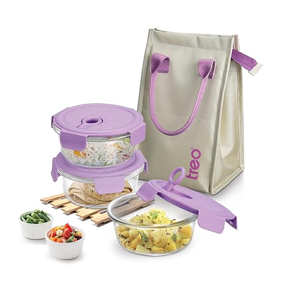 Treo by Milton Lumino Fresh Round Borosilicate Glass Lunch Box Set of 3, Purple Lid, 400 ml Each with Lunch Bag, Microwave & Dishwasher Safe, Leak Proof Containers Office Tiffin Visit the Treo Store