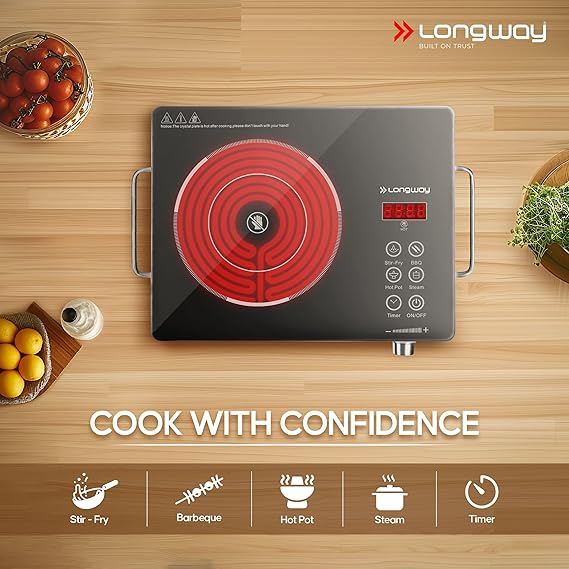 Longway Infralite Pro ICT 2200 W Infrared Cooktop with Free Stainless Steel Grill | Auto Shut Off & Overheat Protection