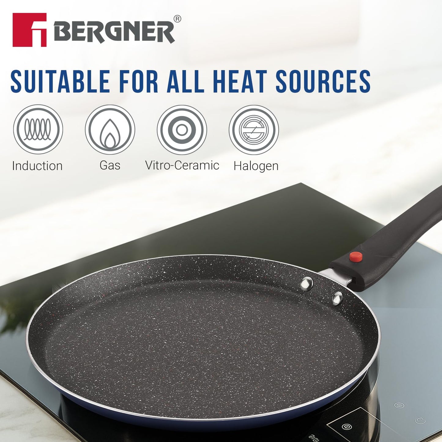 Bergner Sherry Plus 5-Layer Non-Stick Coating 6 Pcs Cookware Set with Induction Bottom and Detachable Handle, 24cm/2.5L Kadai with Lid, 24cm/1.6L Frypan, 25cm Dosa Tawa, 2 Nylon Spatulas(RD)