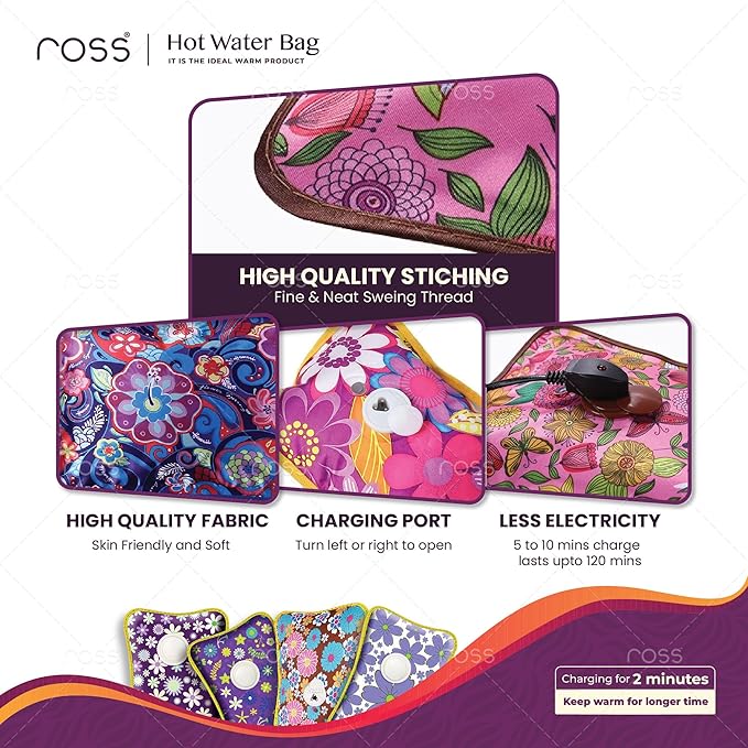 Ross Electric Hot Water Bag & Heating Pad | Rechargeable Gel Hot Bag for Pain Relief, Back Pain, Cramps, Muscle Aches & Winter Warmth | Fast Heating, No Water Filling Needed, Soft Fabric | Men & Women