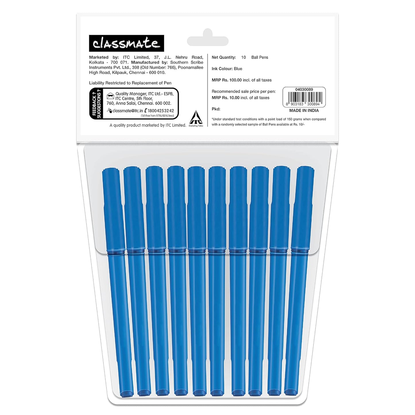 Classmate Octane- Blue Ball Pens (Pack of 10) | Smooth & Fast Writing Ball Pens | Comfortable to hold & write|School & Office Stationery|Work from home essentials