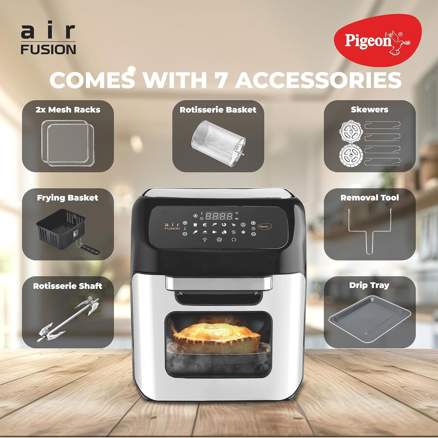 Pigeon 12L Air Fryer Oven (2-in-1 OTG + Air Fryer) | 1800W | Digital Touchscreen | 9 Preset Menus | Rotisserie | 7 Accessories Included | Air Fry, Bake, Broil, Toast, Defrost | 2Y Warranty | Black