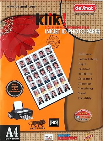 DESMAT Klick ID Photo Paper A4 Size 180 GSM | High Gloss Inkjet Photo Paper | Instant Dry | Water Resistant | Sharp Color Printing | 20 Sheets Pack