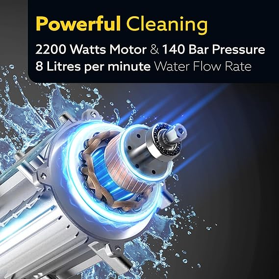 AGARO Supreme Plus Pressure Washer, Car Washer, 2200 Watts Motor, 8L/Min Flow Rate, 140 Bars, Adjustable Pressure Regulator, 8M Outlet Hose, 4M Power Cord, Car, Bike & Home Cleaning, Yellow (RD)