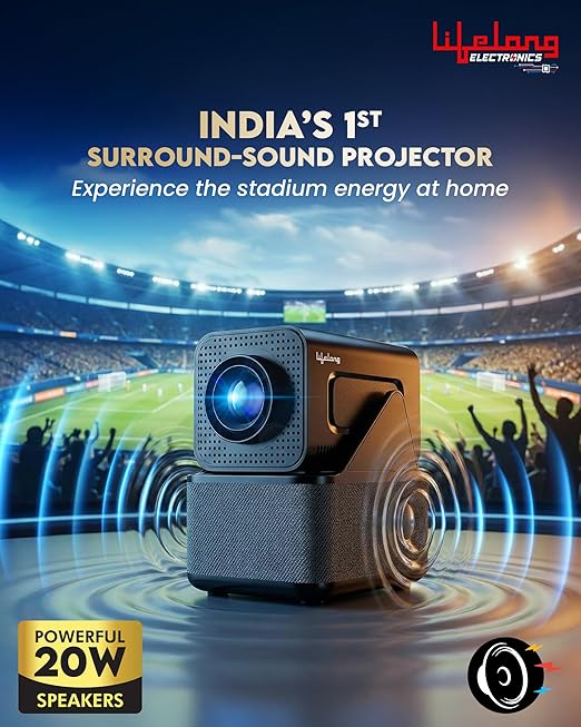 Lifelong Electronics ROAR Projector with 2 Mics | Booming 20W Speakers | Cricket Commentary, Karaoke Party & Room Cinema | 1080P & 4K Ultra HD Support | All Android OTT Apps | Ultra Bright 150” Screen (TS)