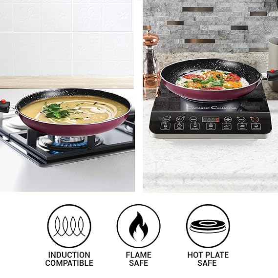 Milton Pro Cook Induction Cookware & Gas Stove Friendly Kitchen Jewel Plus Granito 7 Pc Cookware Set | Fry Pan 24cm | 24cm Kadhai with Glass Lid | Tawa 25cm | 2 Nylon Ladle & Spatula (RD)