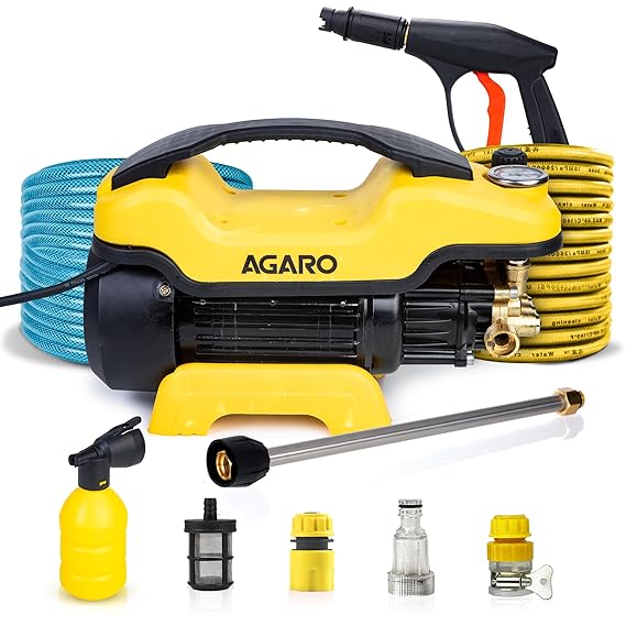 AGARO Supreme Plus Pressure Washer, Car Washer, 2200 Watts Motor, 8L/Min Flow Rate, 140 Bars, Adjustable Pressure Regulator, 8M Outlet Hose, 4M Power Cord, Car, Bike & Home Cleaning, Yellow (RD)