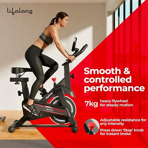 Lifelong Fit Pro Spin Fitness Bike for Home | Exercise Bike for Cardio Workout with 7 KG Flywheel, Adjustable Resistance & LED Display | Cushioned Adjustable Seat | Non-Slip Pedals | Max User Weight 120 KG  (ASL)