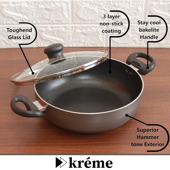 Kreme 5-Piece Non-Stick Cookware Set with Fry Pan, Kadai & Saucepan | Durable Non-Stick Coating | Gas Stove Compatible | Ergonomic Handle(SD)