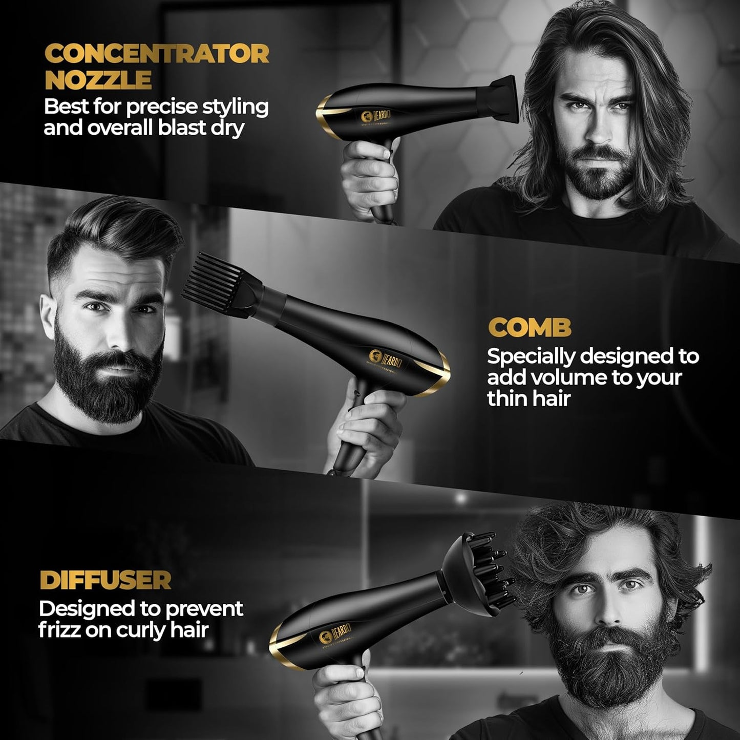 BEARDO Studio Professional Tornado Hair Dryer With 2000 Watts Power|Ac Motor, Concentrator, Diffuser, 2 Speeds, 3 Temperature Settings & Cool Shot Feature|For Professional Drying Experience|Black (SD)