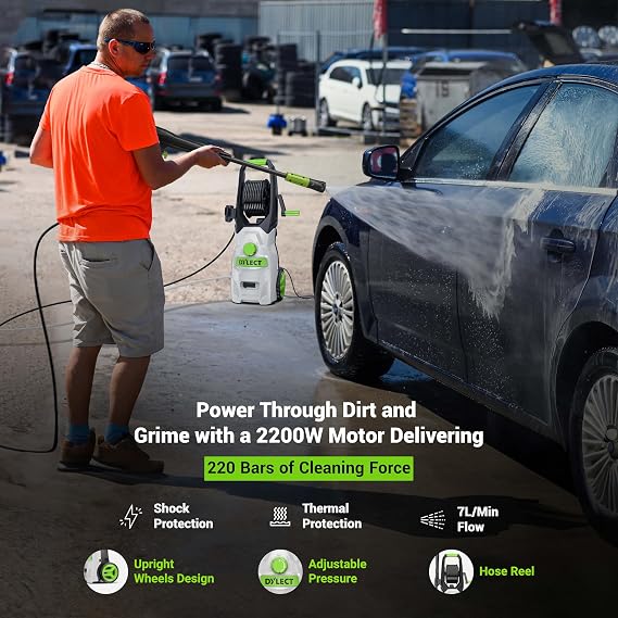 DYLECT Ultra Force Pro High Pressure Car Washer Pump(with Pressure Adjustment), 2200 Watts Motor, 220 Bars Pressure, 7.5L/Min Flow Rate, 8m Outlet Hose, Upright Design with Wheels with 11 Accessories (RD)