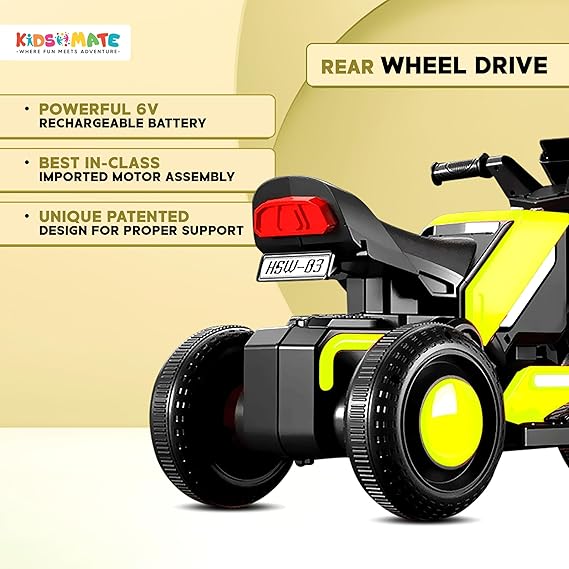 Kidsmate Hyrider 6V Electric Kids Bike with Rechargeable 6.5 Ah Battery Inbuilt Imported Motor Drive | Music Player, Front LED Light & Foot Accelerator Pedal Bike for Ages 1-4 Years (ASL)