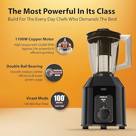 Havells Hexo Plus 1100 Watts 4 Jar Mixer Grinder| High Speed Mixie 22000 RPM motor| 100 Minutes Continuous Run Time| 2 Ltr Break Resistant Blending Jar| 5 Year Motor Manufacturer Warranty   (ASL)