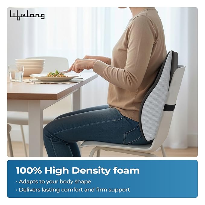Lifelong Back Support Cushion for Office Chair & Car | Ergonomic Memory Foam Design for Better Posture, Reduced Fatigue, and Comfortable Sitting During Work or Travel