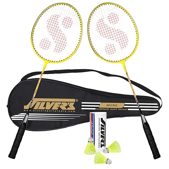 Silver's Aluminium Micro Badminton Kit (2 Racquets with Full Cover, 1 Box Shuttlecock Pack of 3) Black, Aluminium, Micro Combo 2 with Nylon Shuttle (ASL)