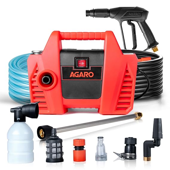 AGARO Regent High Pressure Washer | 1600W Motor | 120 Bar Max Pressure | 5.5 L/Min Flow Rate | Portable Electric Washer for Car, Bike, Walkways & Home Cleaning | 8M Outlet Hose Pipe Included (RD)