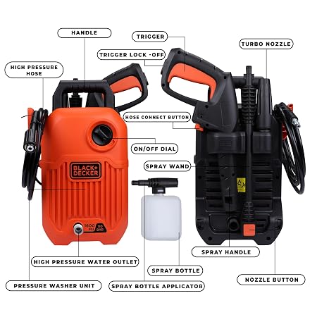 BLACK+DECKER BEPW1600 1300W 1600 PSI 110 Bar Pressure Washer for Car, Bike, Home & Garden Cleaning Use with Multiple Accessories Included, 1 Year Warranty, Orange & Black (RD)