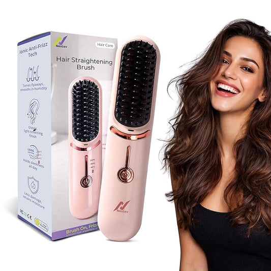 NexLev Ionic Cordless Hair Straightener Brush | 60min Runtime | upto 200° Heating | Portable & Type C Rechargeable | Keratin Bristles |Straight, Frizz Free & Shiny Hair | Compact Comb Design | HSB-04