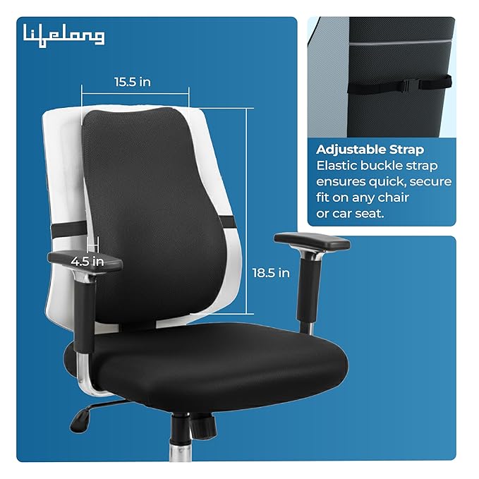 Lifelong Back Support Cushion for Office Chair & Car | Ergonomic Memory Foam Design for Better Posture, Reduced Fatigue, and Comfortable Sitting During Work or Travel