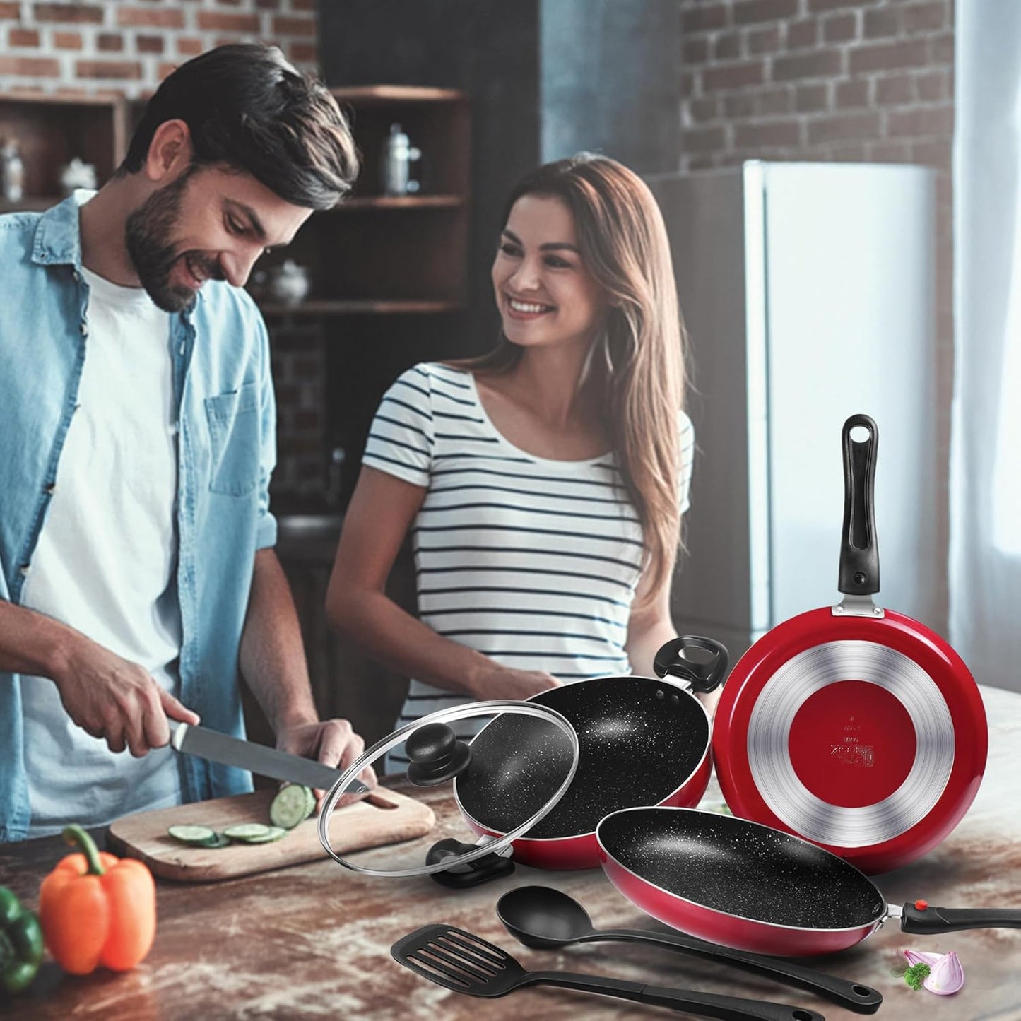 Milton Pro Cook Kitchen Pride Set of 5 Non Stick Cookware | Non Induction I Cooking Pan, Kadhai with Lid, Tawa, Nylon Laddle & Spatula (RD)