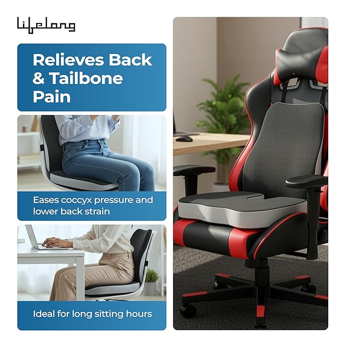 Lifelong Backrest & Seat Cushion Combo for Pain Relief | High-Density Orthopedic Memory Foam Support for Back, Coccyx & Sciatica | Improves Posture & Comfort During Long Sitting Hours at Home & Work