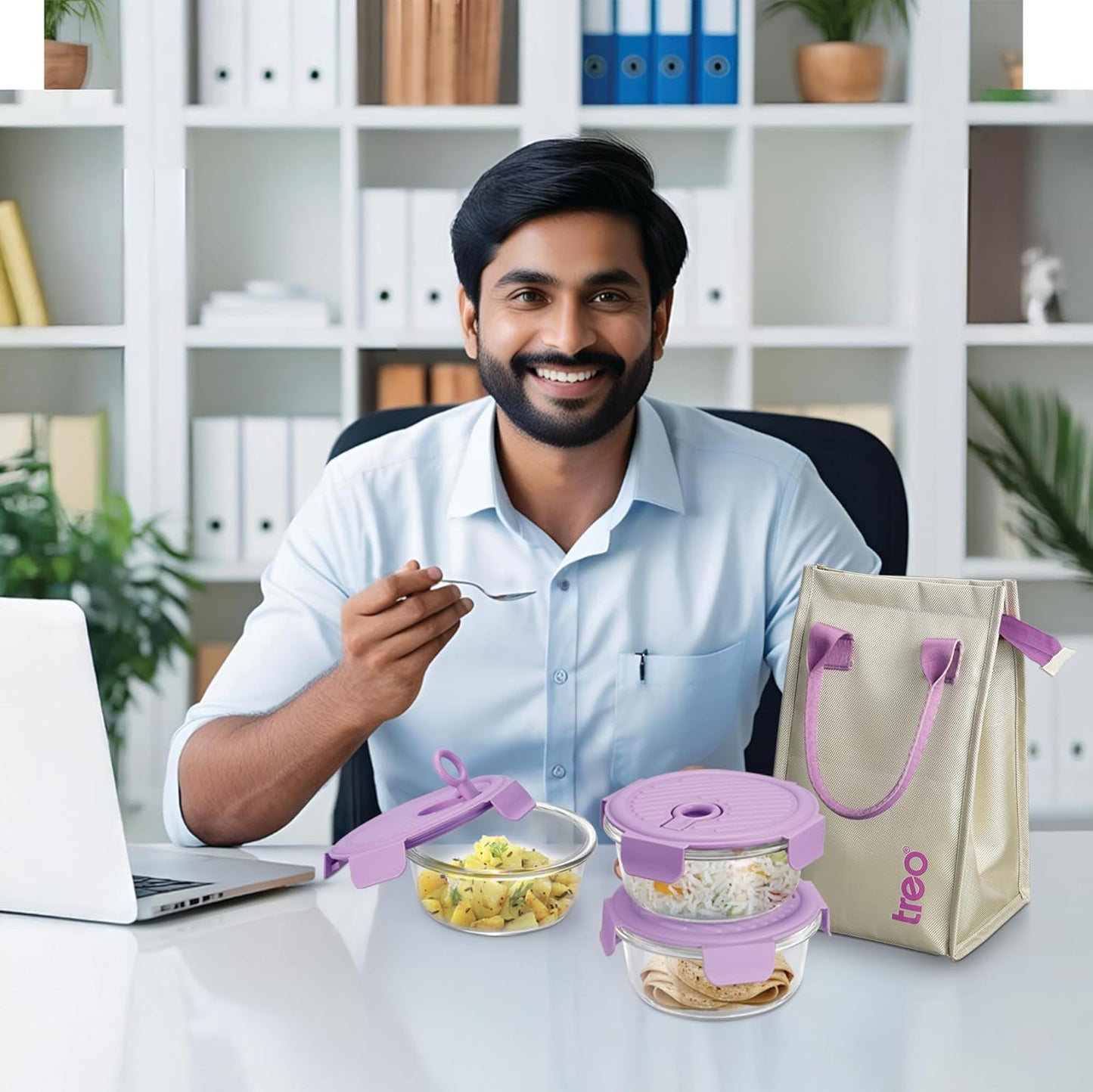 Treo by Milton Lumino Fresh Round Borosilicate Glass Lunch Box Set of 3, Purple Lid, 400 ml Each with Lunch Bag, Microwave & Dishwasher Safe, Leak Proof Containers Office Tiffin Visit the Treo Store