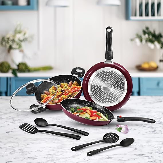 Milton Pro Cook Induction Cookware & Gas Stove Friendly Kitchen Jewel Plus Granito 7 Pc Cookware Set | Fry Pan 24cm | 24cm Kadhai with Glass Lid | Tawa 25cm | 2 Nylon Ladle & Spatula (RD)