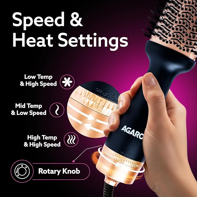 AGARO HV2179 Hot Air Brush for Hair, Blow Dryer Brush, Volumizer & Styler, 360° Airflow Vent, Oval Barrel for Hair Volume, Charcoal Bristles, Ceramic Coating Brushing Head, 1200W, Gold & Black