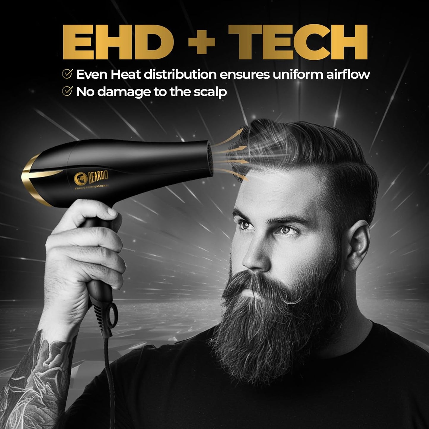 BEARDO Studio Professional Tornado Hair Dryer With 2000 Watts Power|Ac Motor, Concentrator, Diffuser, 2 Speeds, 3 Temperature Settings & Cool Shot Feature|For Professional Drying Experience|Black (SD)