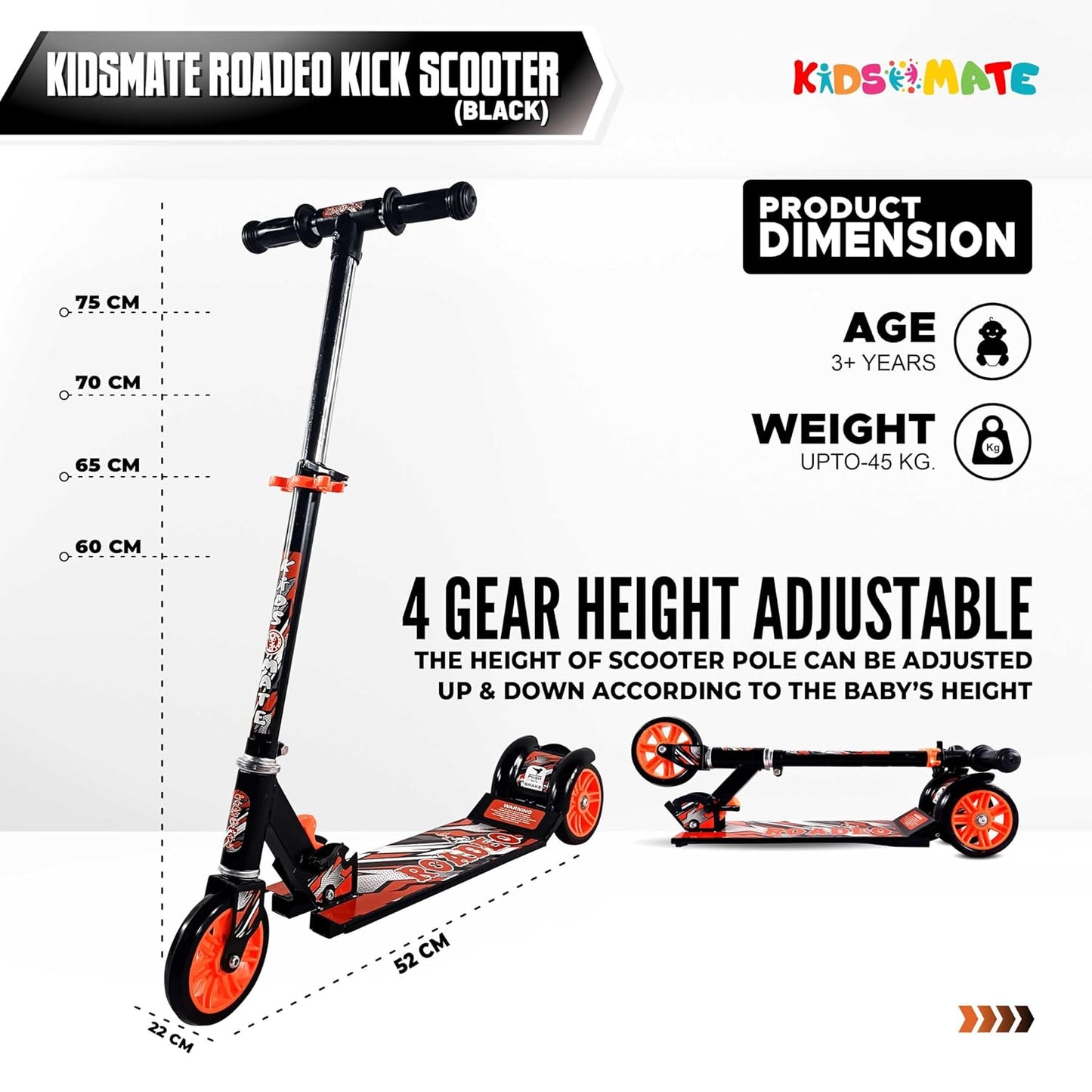 Kidsmate Roadeo Metal Kick Scooter for Kids | Adjustable Height Scooter | Foldable & Attractive PVC Wheels with Rare Brakes for Kids of Age 3+ Years (ASL)