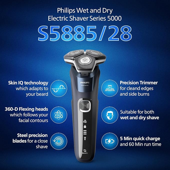 PHILIPS Electric Shaver For Men | Wet & Dry | Powerful Close Shave | Gentle on Skin | SkinIQ Technology | Steel Precision Blades | 360 D Flexing Heads | Integrated Pop Up Trimmer | LED Display | 5 Mins Quick Charge | Showerproof | S5885/28,Black