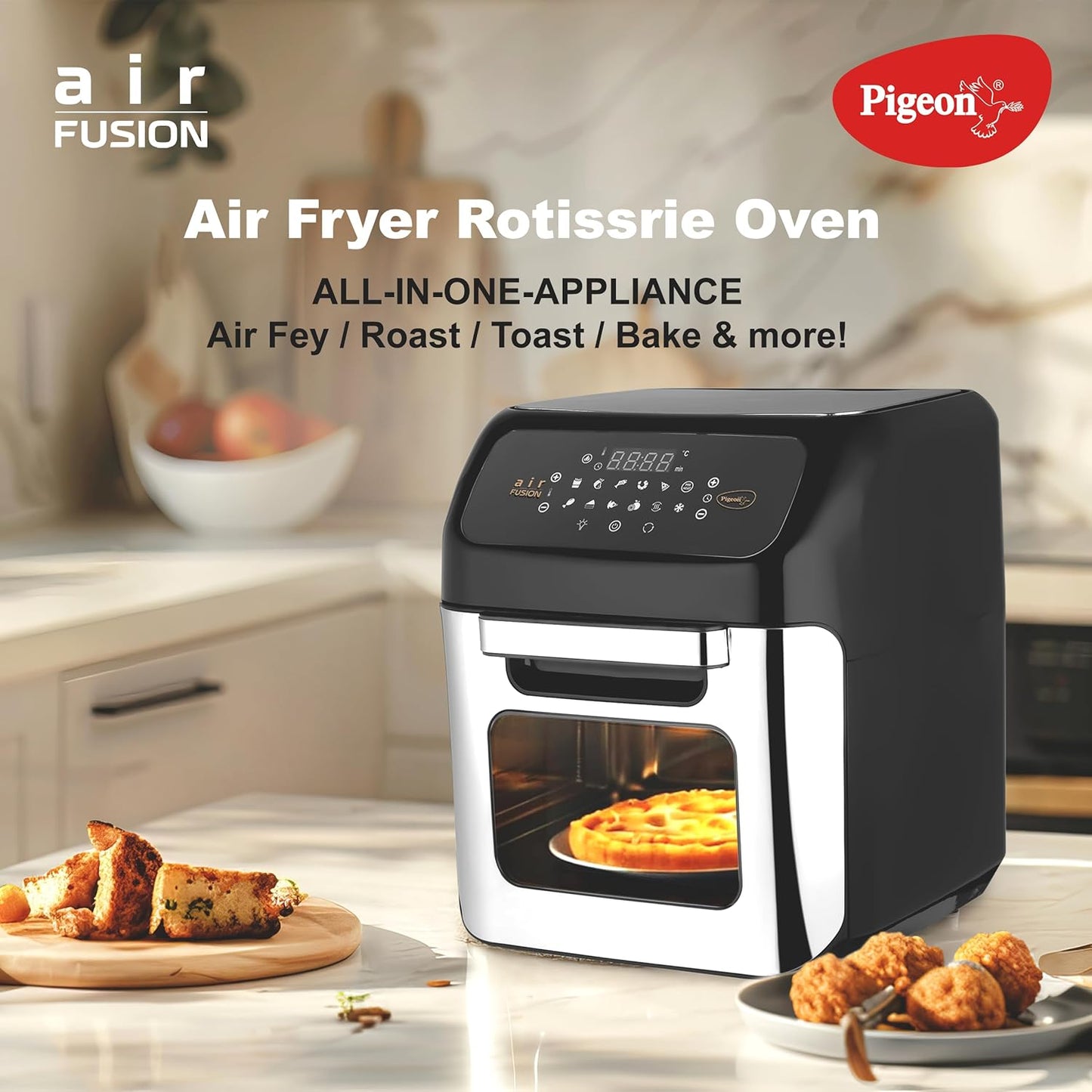 Pigeon 12L Air Fryer Oven (2-in-1 OTG + Air Fryer) | 1800W | Digital Touchscreen | 9 Preset Menus | Rotisserie | 7 Accessories Included | Air Fry, Bake, Broil, Toast, Defrost | 2Y Warranty | Black