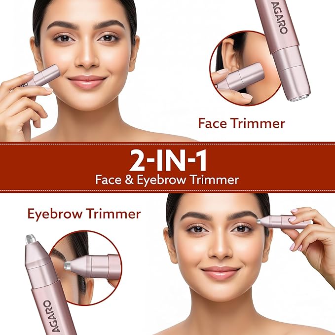 AGARO Facial Hair Remover |Eyebrow Trimmer FHR190 Rose Gold For Women, Rechargeable, Cordless, Safe & Painless Electric Shaver, Hypoallergenic Blade, Multipurpose Use For Upper Lip, Chin