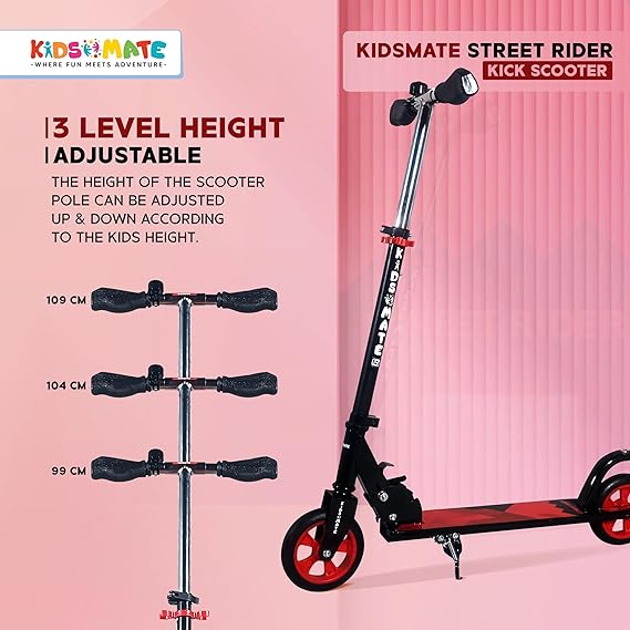 Kidsmate Street Rider Kick Scooter for Kids of Age 6-13 Years | 2 Wheel Scooter, Foldable Design, 3 Adjustable Height Option with Rear Braking | Max User Weight 50kg  (ASL)